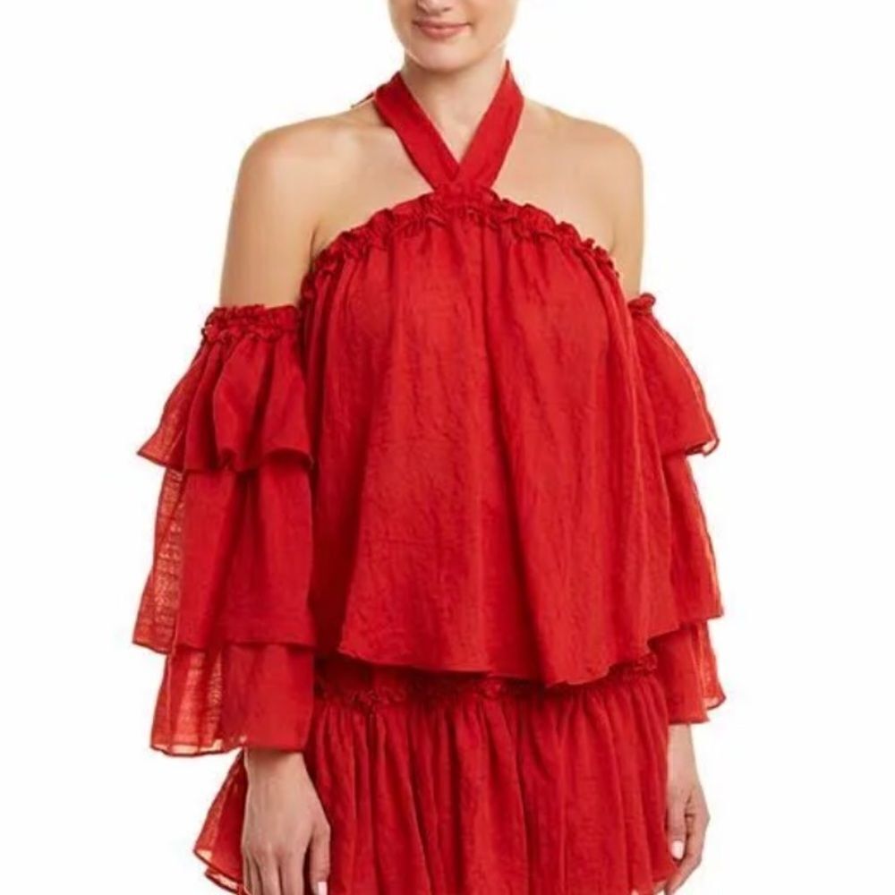 MISA Los Angeles Alisa Halter-Neck Tiered-Sleeve Gauze Top